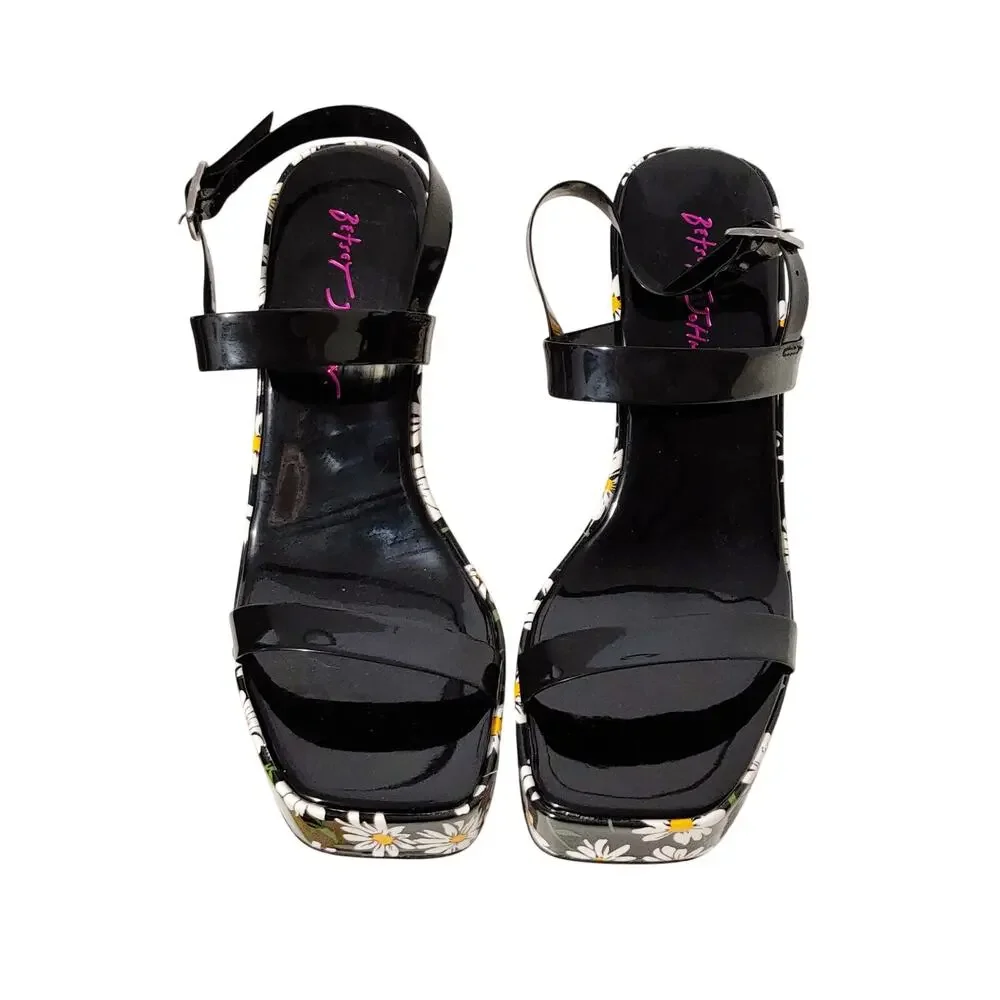 Betsey Johnson Landry Daisy Platform Wedge Sandals Black Floral Women Size 9